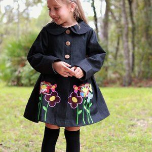 Girls Black Denim A-Line Fall Coat